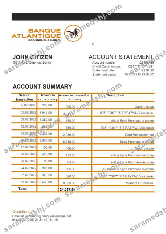Benin Banque Atlantique bank statement